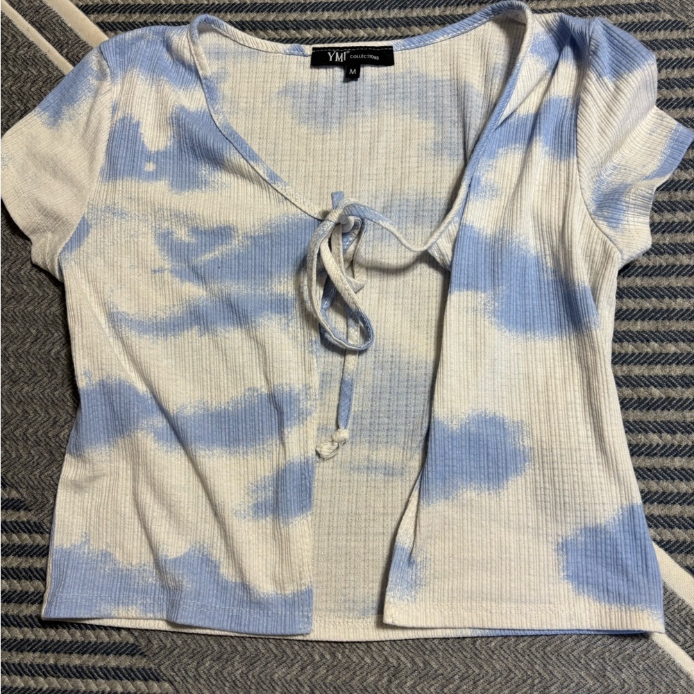 YMI Blue and White Tie-Dye Top with Front Tie